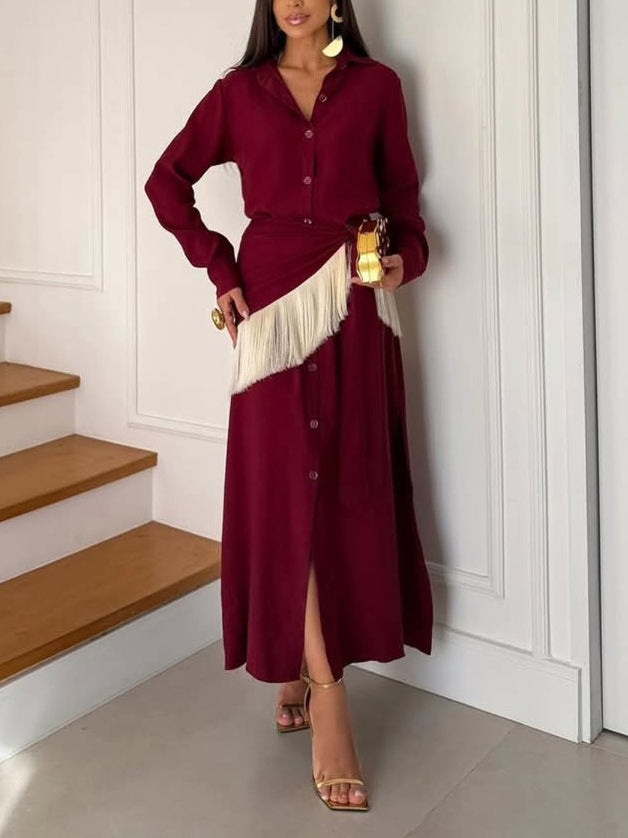 Casual Wrap Fringe Button-Front Shirt Maxi Dress