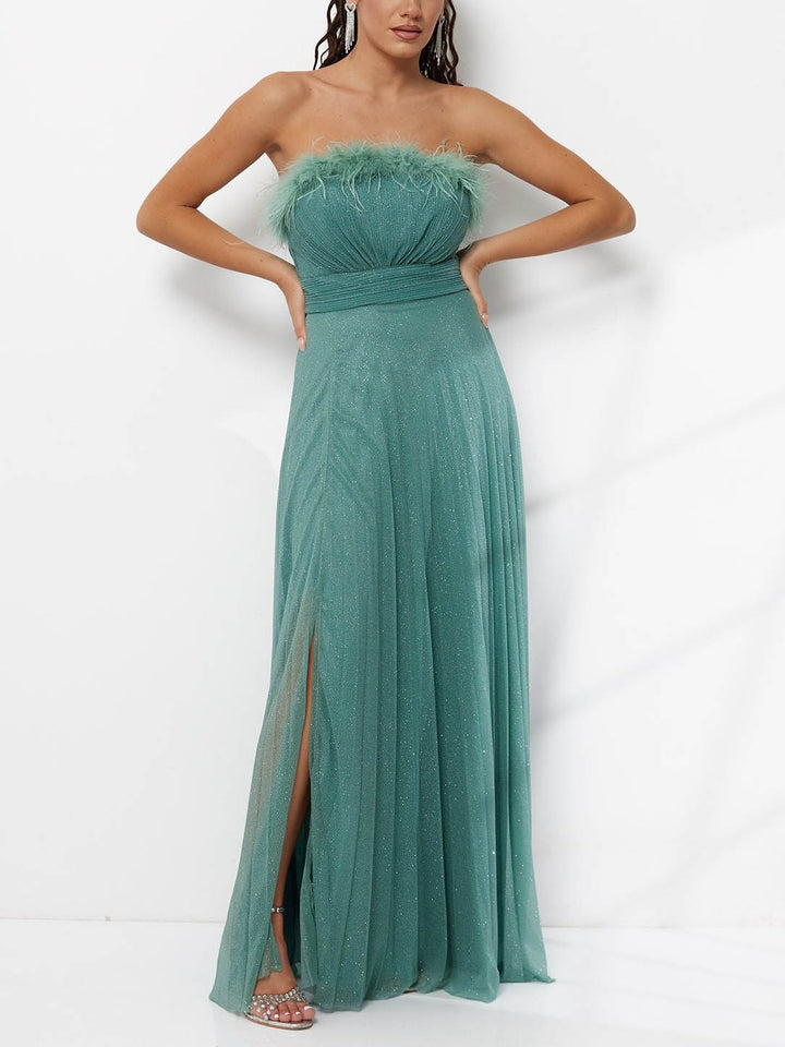 Elegant Feather Trim Shimmer Strapless Maxi Dress