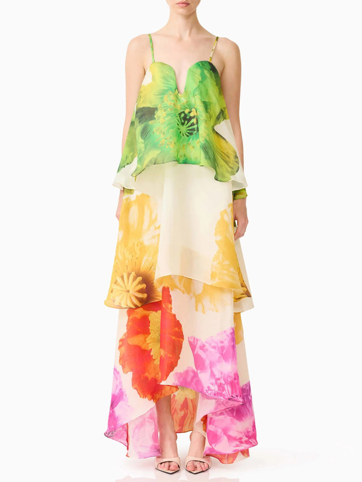 Elegant Floral Print Layered Chiffon Maxi Dress
