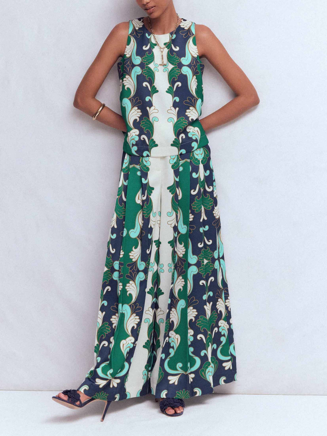 Retro Print Sleeveless Top & Wide-Leg Pants Two-Piece Set