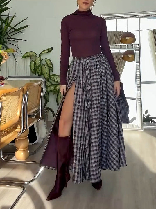 Elegant Plaid High-slit Maxi Skirt Two-piece Set