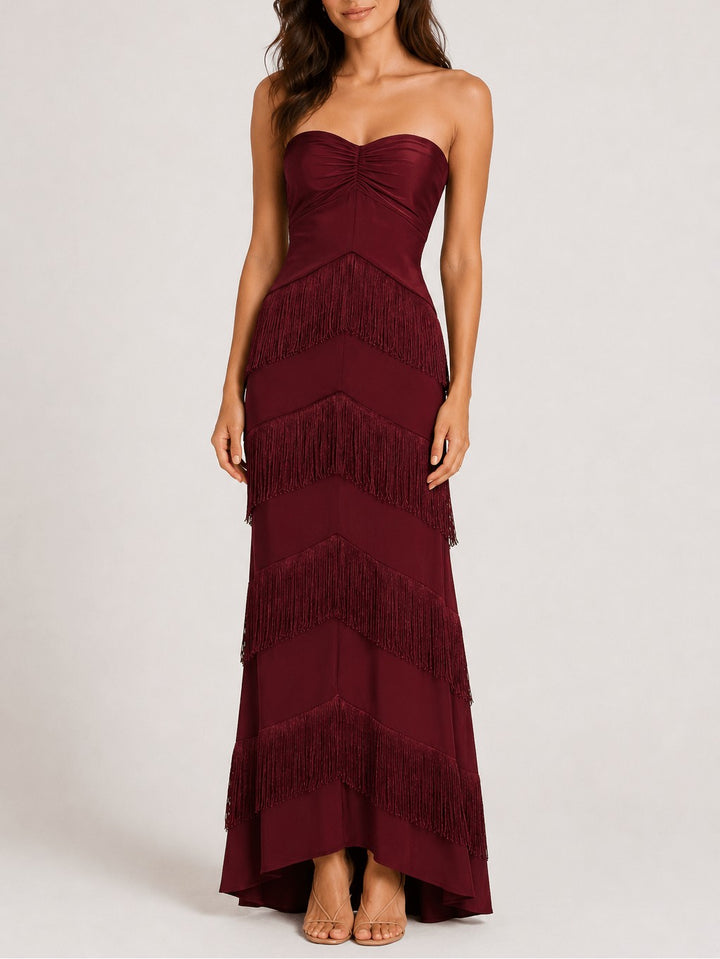Elegant Strapless Layered Tassel Maxi Dress