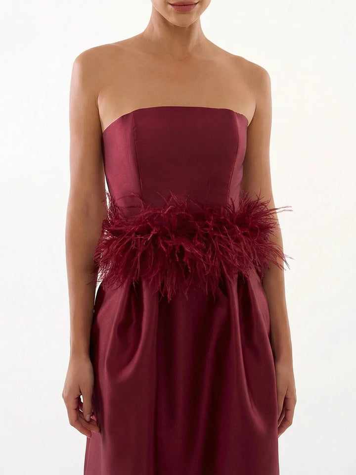 Elegant Strapless Feather Trim Evening Gown Maxi Dress