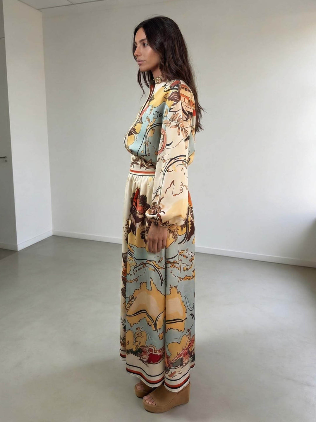Retro Map Print Lantern Sleeve Shirt