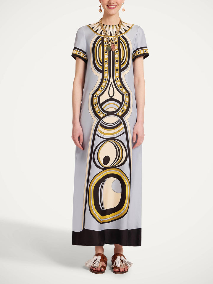 Retro Geometric Ethnic Print Short Sleeve Straight Maxi Dress