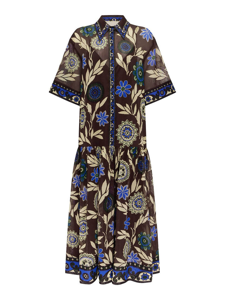 Retro Print Button-Front With Braided Rope Belt Maxi Shirtdress
