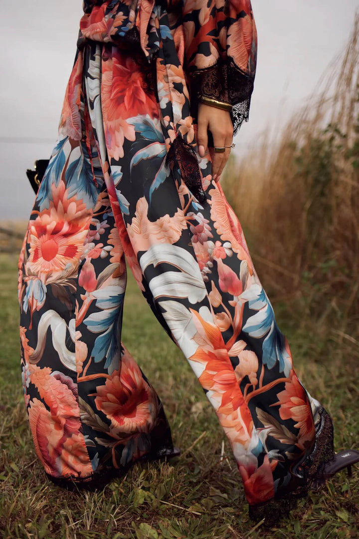 Fashion Lace Patchwork Printed Elastic Waist Wide-Leg Pants