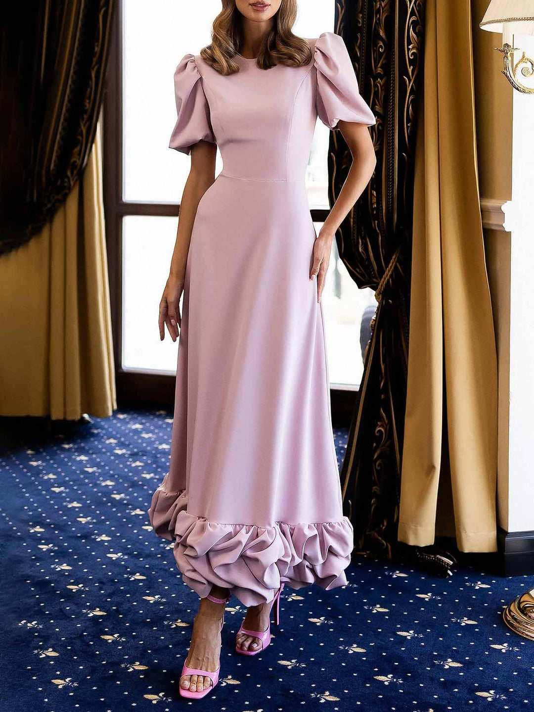 Elegant Puff Sleeve Ruffle Hem Maxi Dress