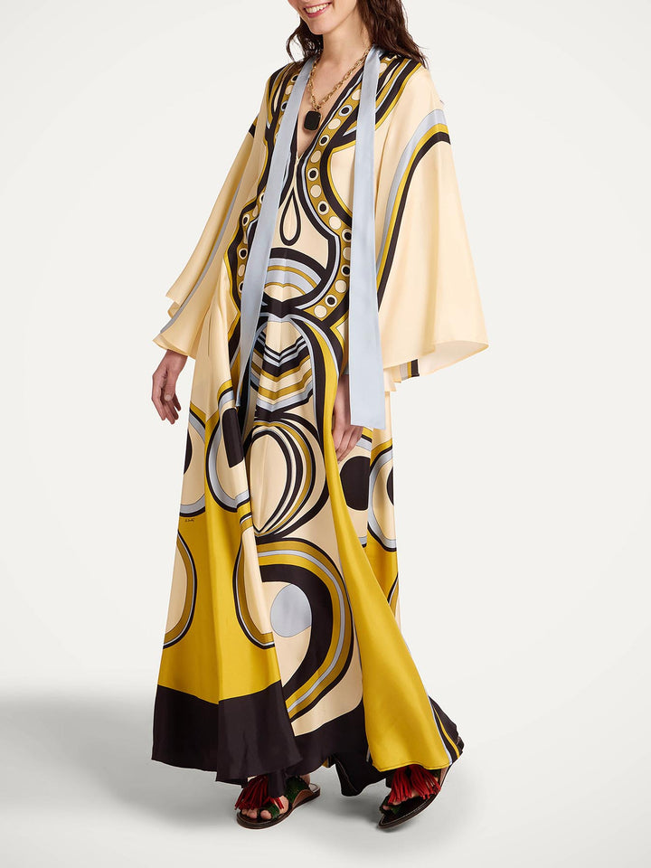 Retro Geometric Print V-Neck Kaftan Maxi Dress