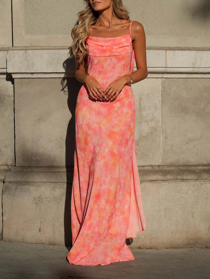 Elegant Watercolor Print Chiffon Maxi Dress