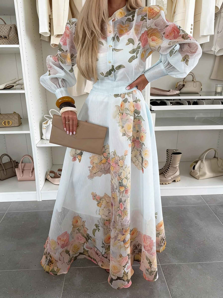 Elegant Sheer Floral Print Long Sleeve Blouse