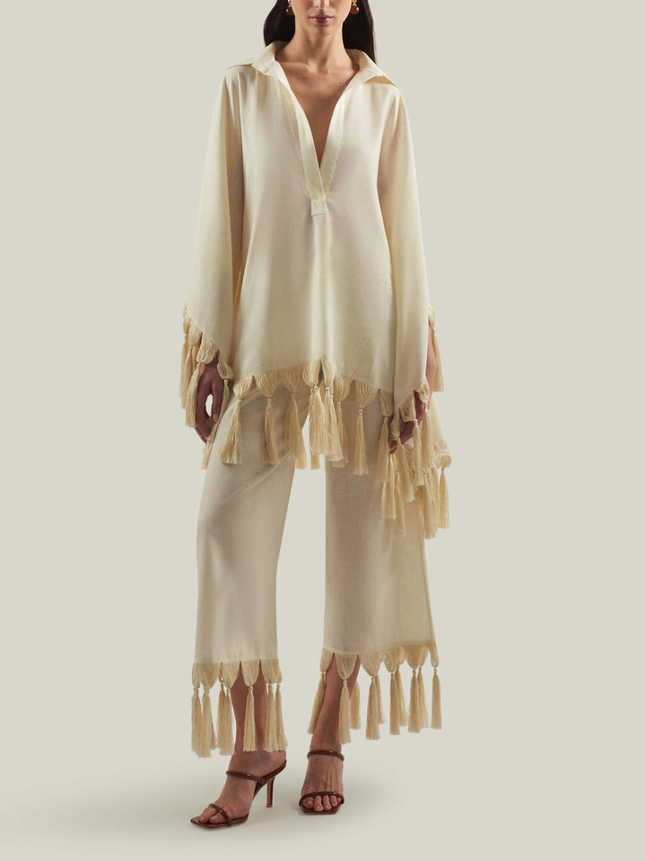 Exquisite Fringe Trim Shirt & Wide-Leg Pants Two-Piece Set