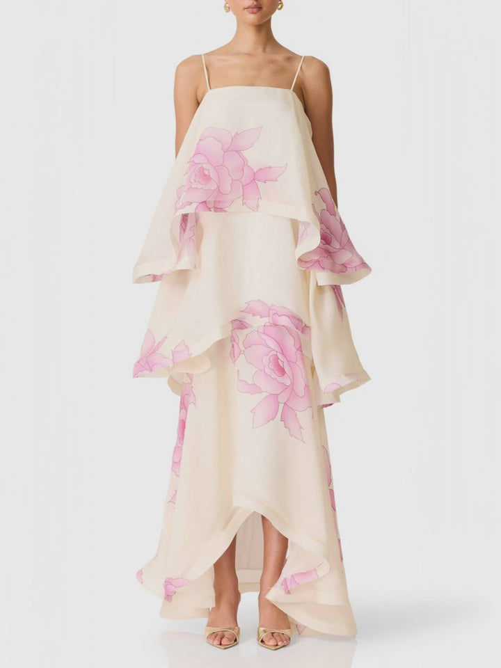 Elegant Floral Tiered Ruffle High-Low Organza Maxi Dress