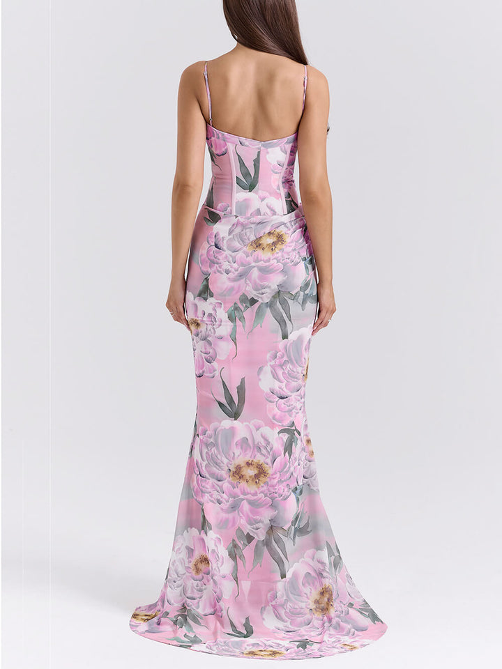Retro Pink Floral Print Corset Maxi Dress