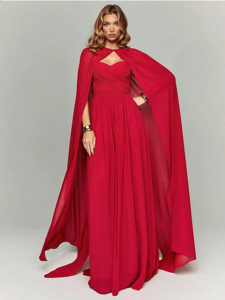Elegant Strapless Ruched Maxi Dress With Flowing Cape