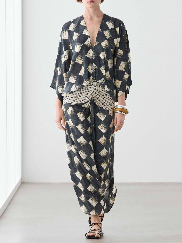 Casual Abstract Plaid Print Kimono Sleeve Maxi Dress