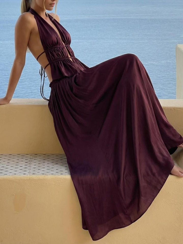 Sexy Ruched Waist Cutout Satin Two-Piece Set