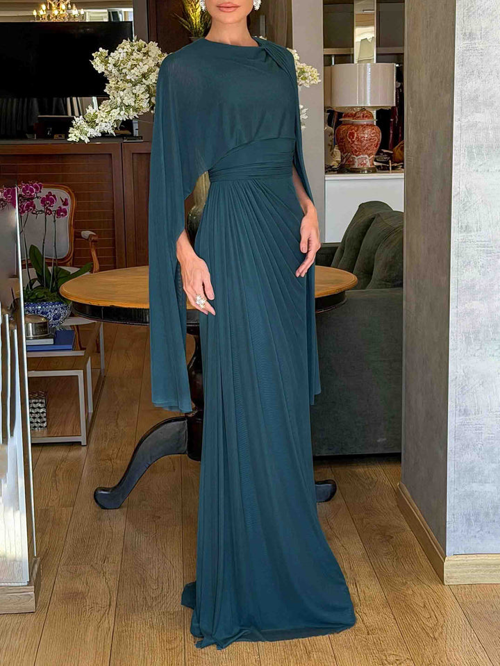 Elegant Round Neck Cape Sleeve Draped Chiffon Maxi Dress