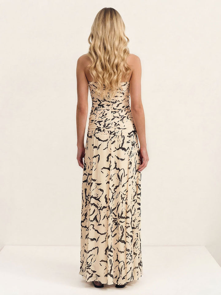 Elegant Strapless Abstract Brushstroke Print Flowy Maxi Dress