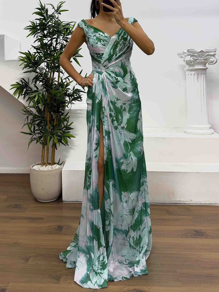 Elegant Watercolor Floral Ruched High Slit Maxi Dress