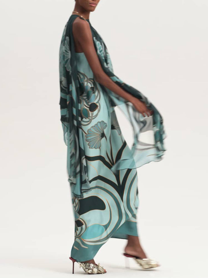 Unique Art Nouveau Printed Tulle Shawl Dress Set
