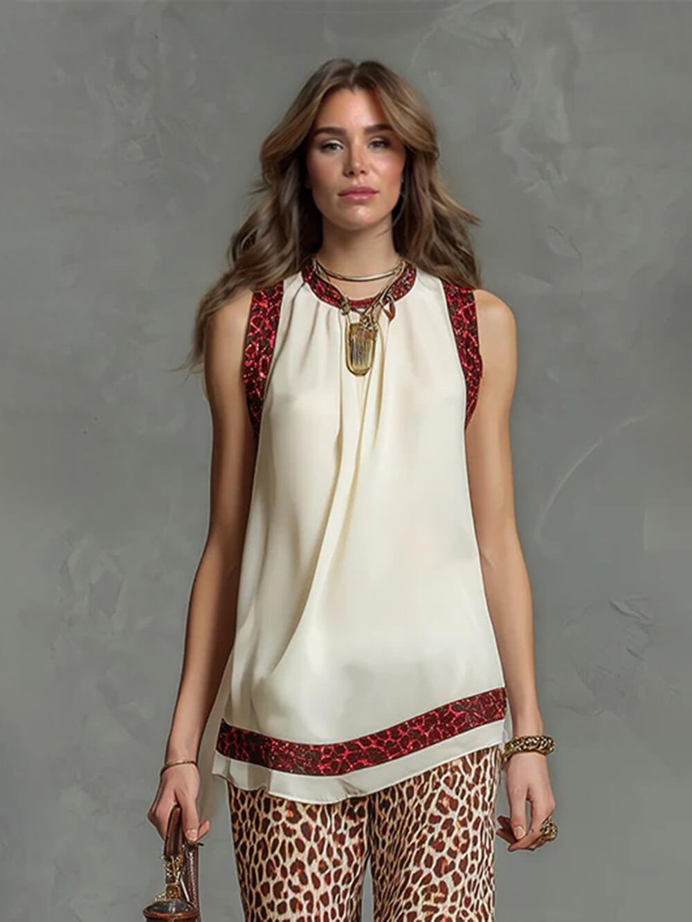 Fashion Leopard Print Chiffon Top And Elastic Waist Wide-Leg Pants Set