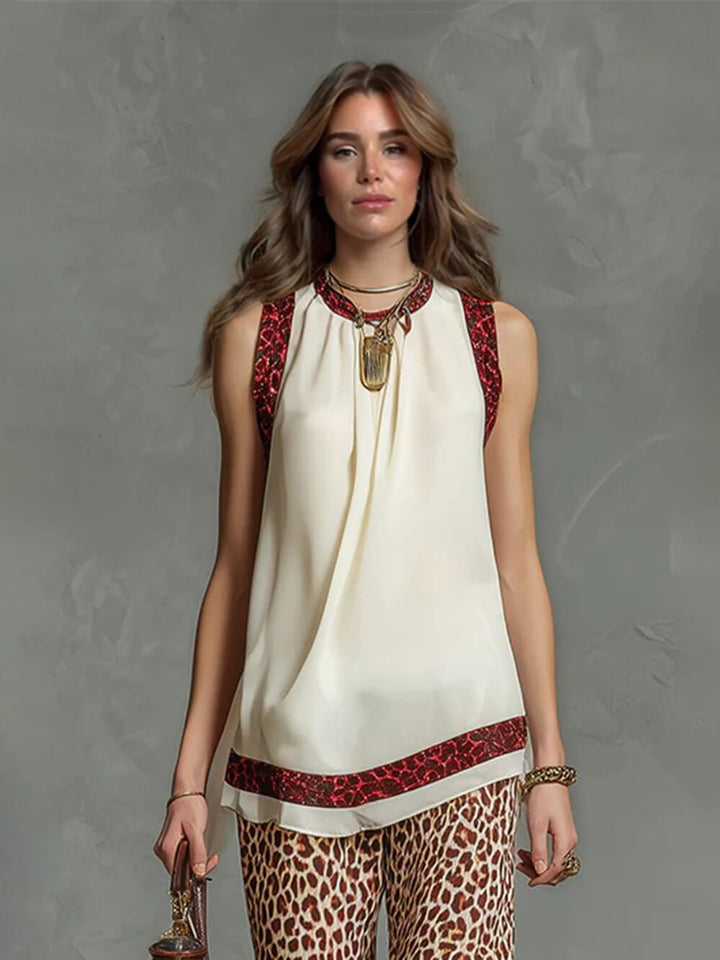 Fashion Leopard Print Chiffon Top And Elastic Waist Wide-Leg Pants Set