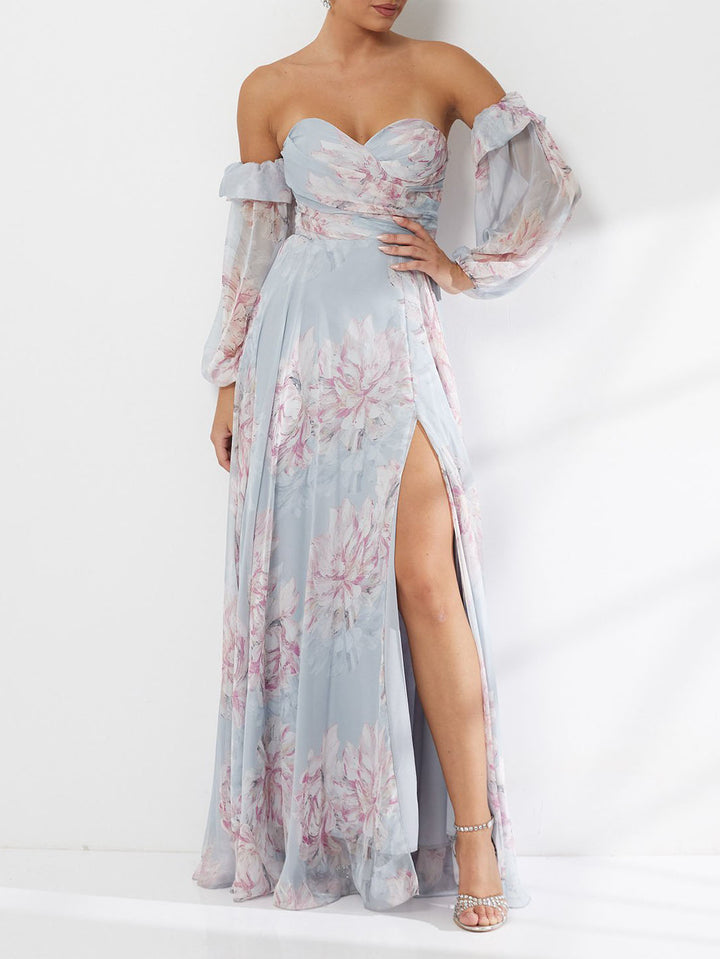Elegant Floral Off-Shoulder Slit Chiffon Maxi Dress