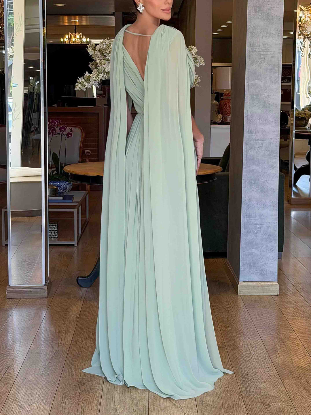 Elegant Draped V-Neck Cape Sleeve Chiffon Maxi Dress