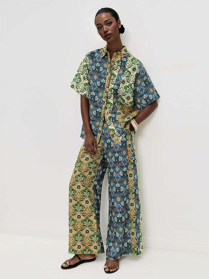 Retro Art Print Wide-Leg Pants