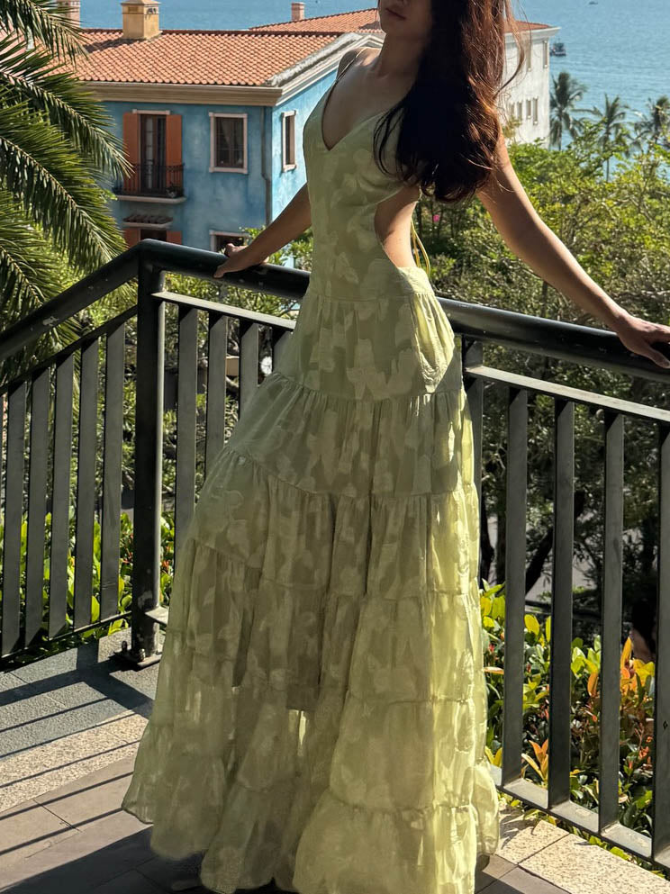 Elegant Floral Jacquard V-Neck Tiered Ruffle Maxi Dress