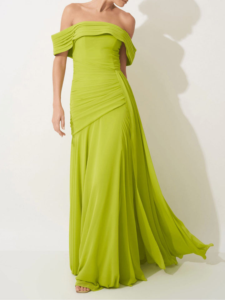 Elegant Off Shoulder Ruched Chiffon Maxi Dress