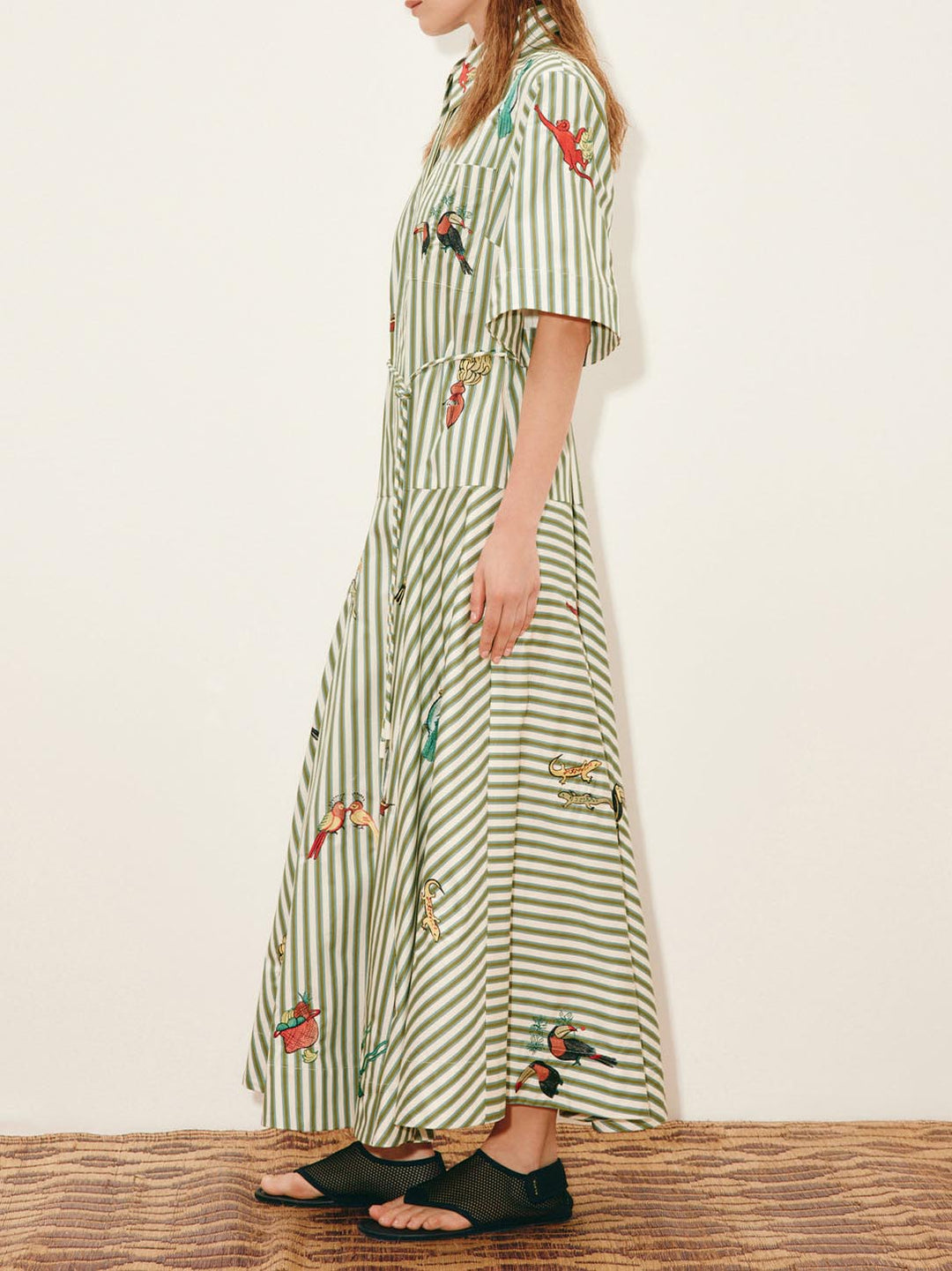 Casual Striped Tropical Print Shirt Maxi Dress