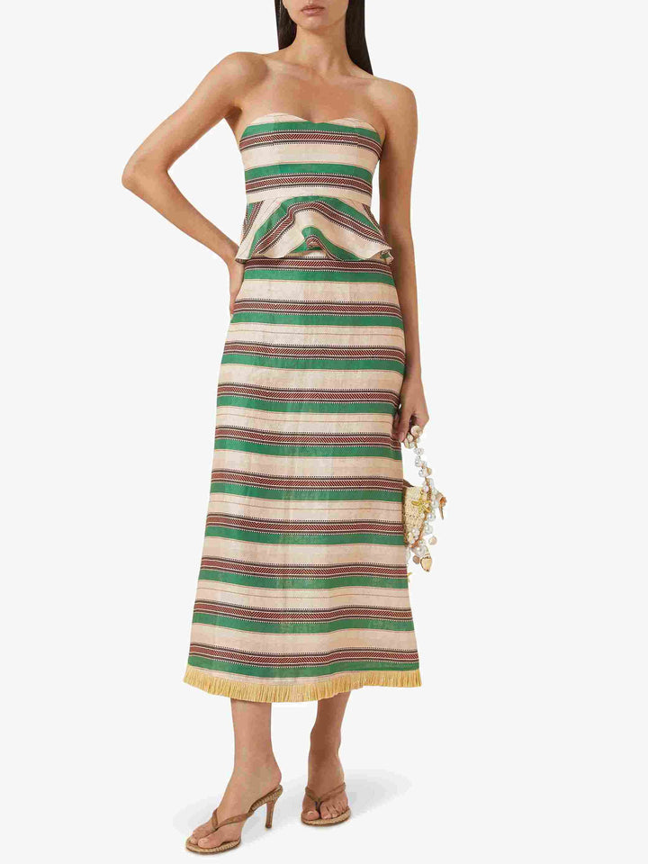 Striped Print Ruffle Hem Crop Top & Fringe Skirt Two-Piece Set