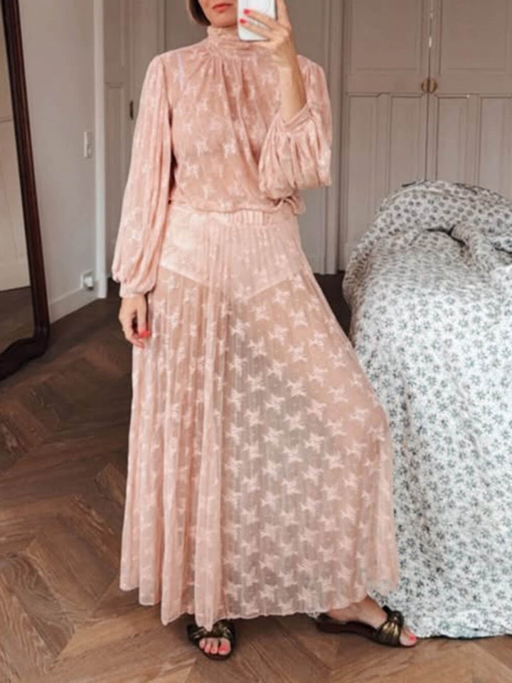 Elegant Mesh Pleated Lace Maxi Skirt