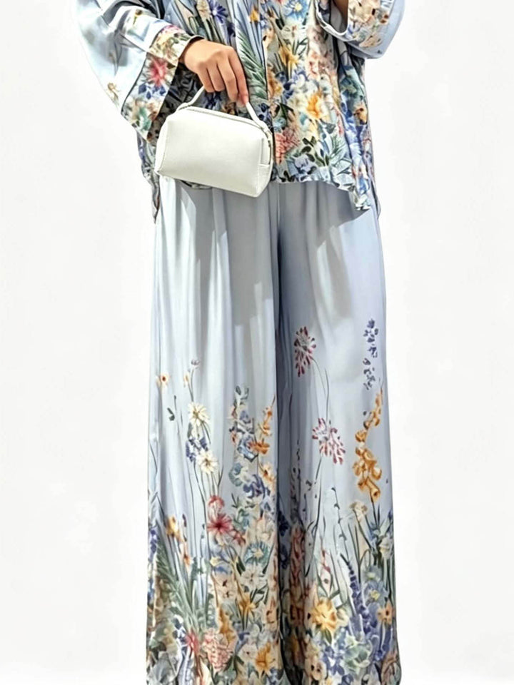 Elegant Floral Print Satin Wide Leg Pants