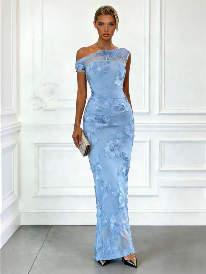 Elegant Floral Embroidered Mesh One-Shoulder Maxi Dress