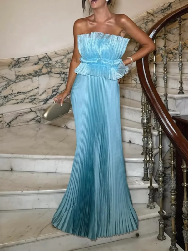 Blush Metallic Pleated Strapless Maxi Dress