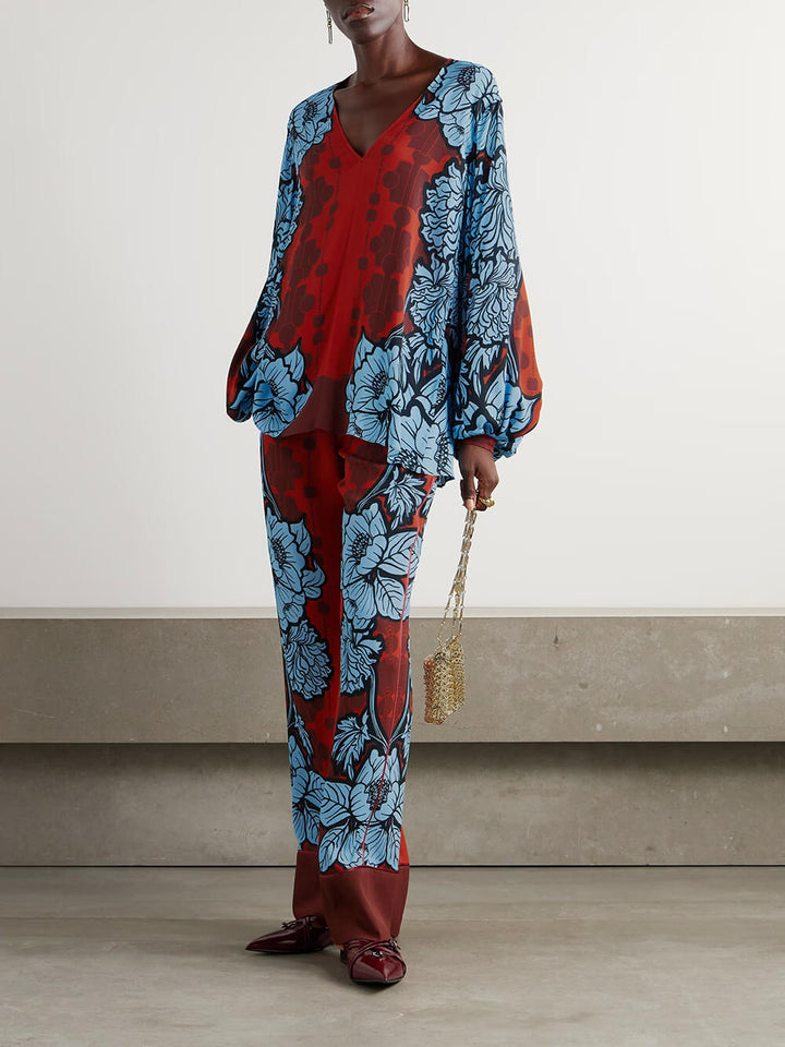 Unique Color-Block Floral Print Satin Piped Pocket Pants