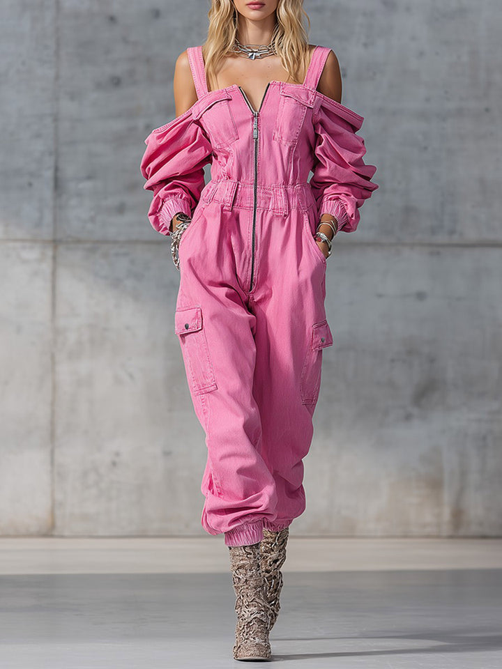 Stylish Off-shoulder Stretch Waist Zipper Jumpsuit