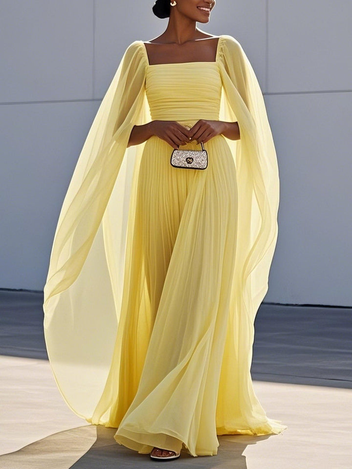 Elegant Cape Sleeve Pleated Chiffon Maxi Dress