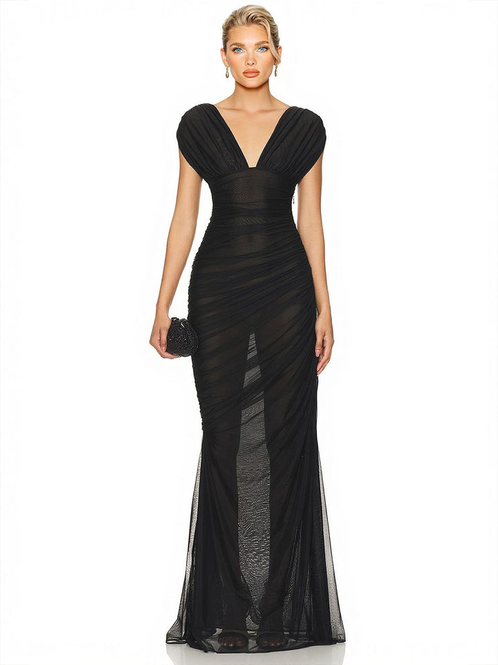 Elegant Sheer Mesh Ruched Deep V-Neck Maxi Dress