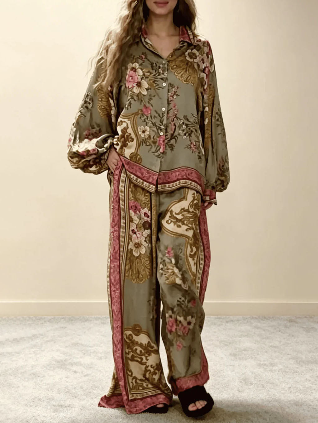 Retro Floral Baroque Print Satin Button-Up Shirt