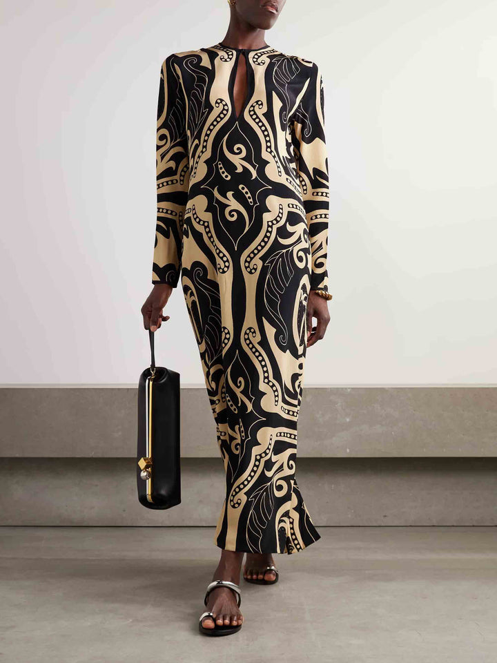 Retro Botanical Print Long-sleeved Maxi Dress