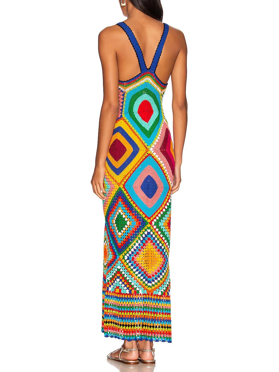 Vibrant Handmade Crochet Geometric Print Midi Dress