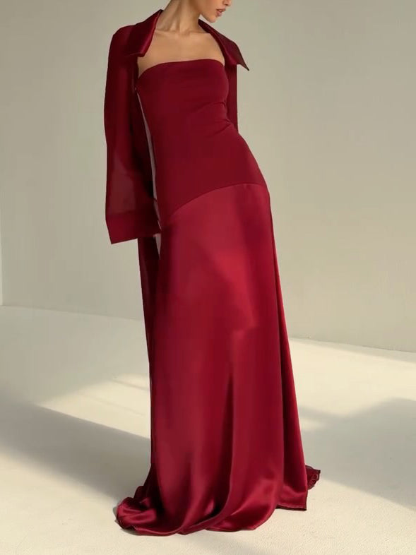 Elegant Satin Maxi Dress & Long Sheer Chiffon Cover-Up Two-Piece Set