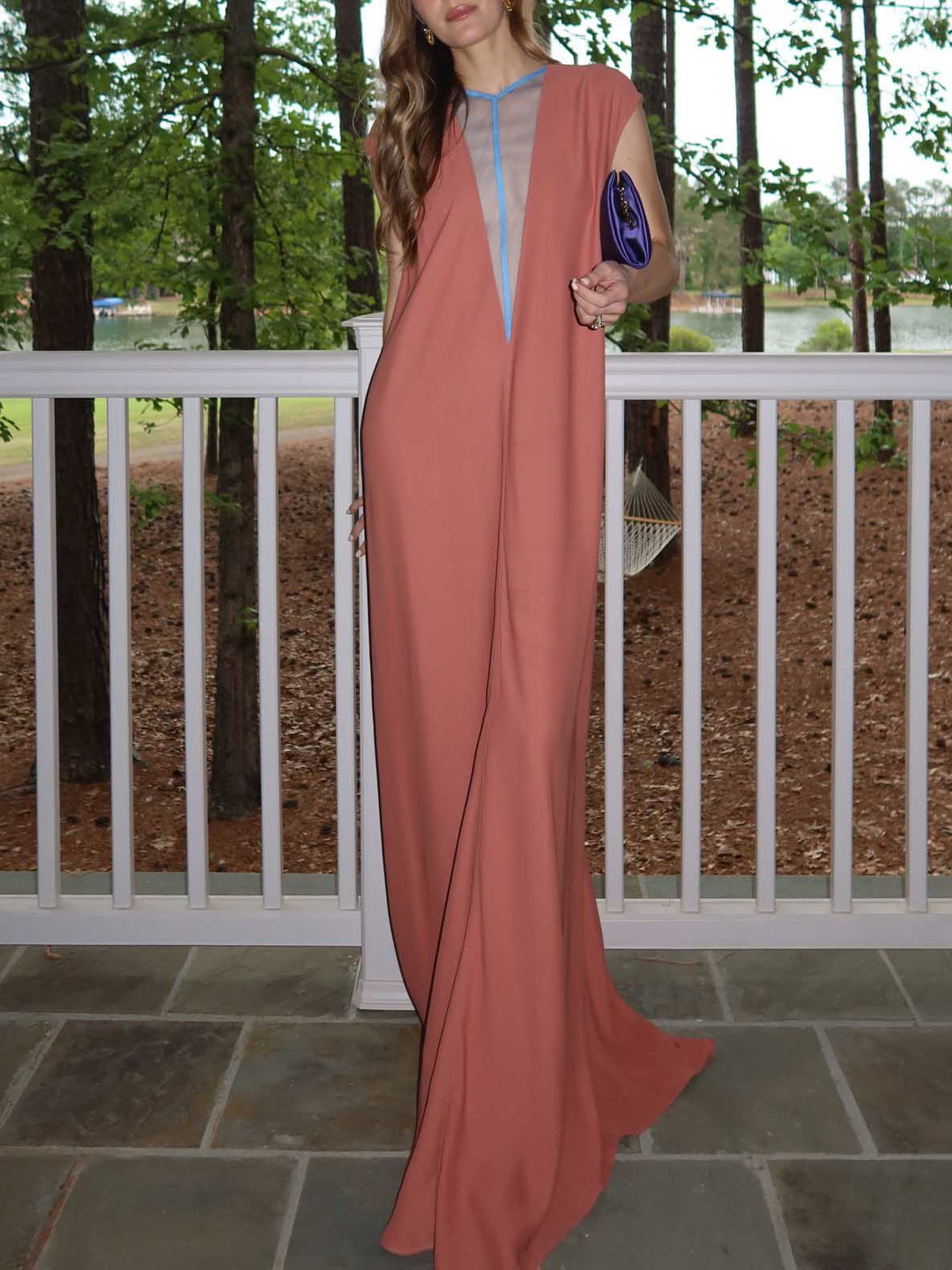 Elegant V-Neck Contrast Trim Maxi Dress