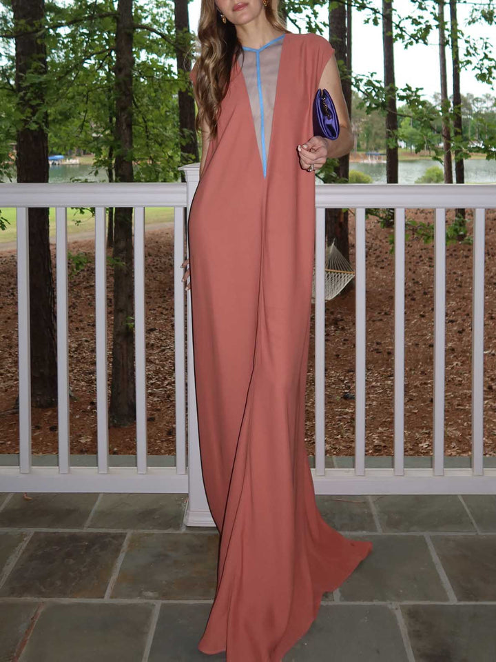 Elegant V-Neck Contrast Trim Maxi Dress