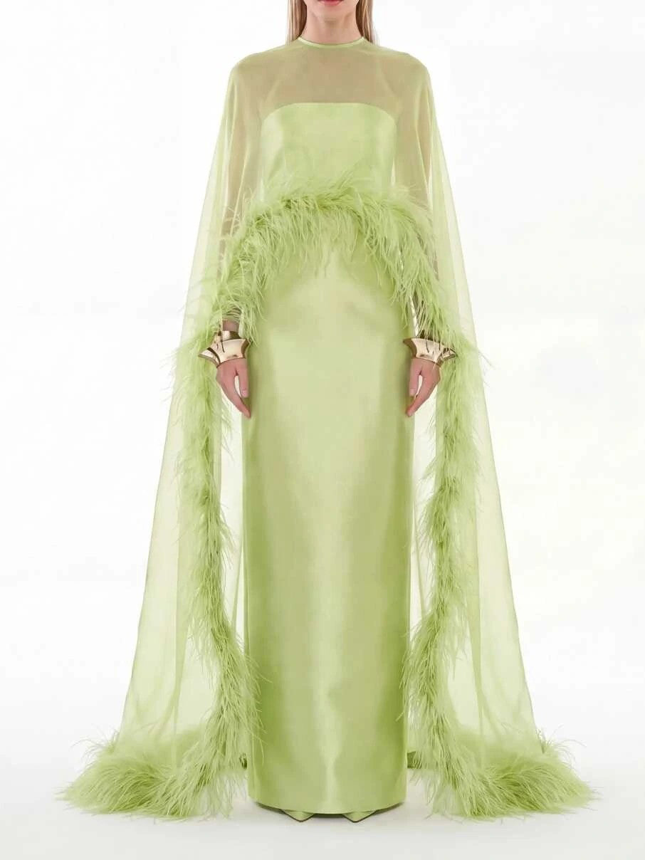 Elegant Sheer Chiffon Shawl Black Satin Maxi Dress