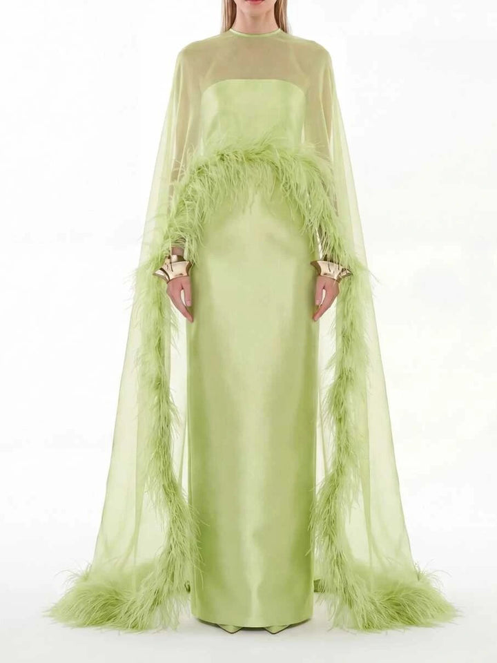 Elegant Sheer Chiffon Shawl Black Satin Maxi Dress